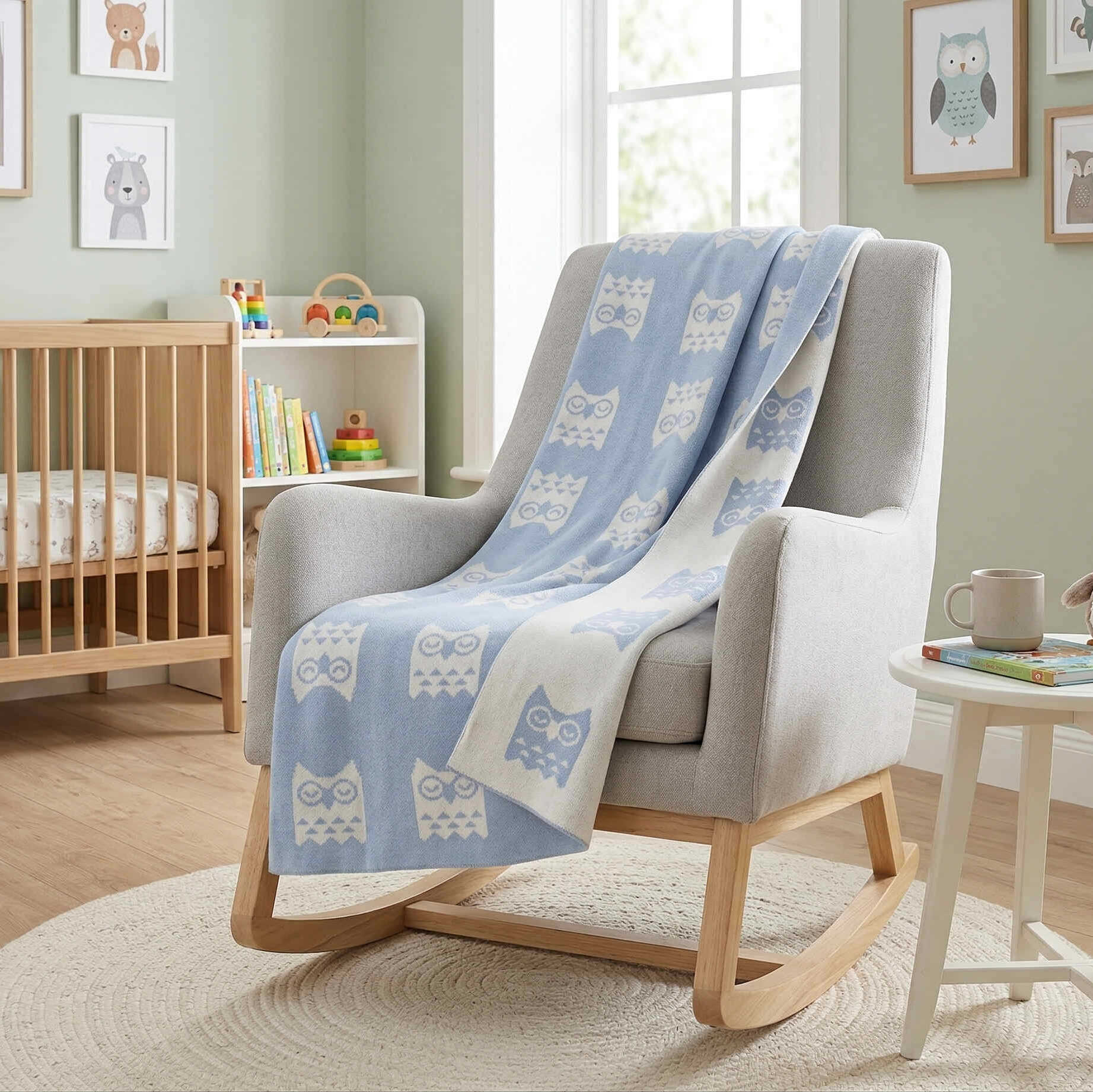 Blue and white baby blanket with a reversable owl pattern displayed on a chair. 