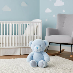 baby blue plush teddy bear with embroidered eyes