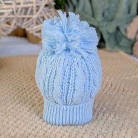 Blue Pearl & Cable Knit Baby Hat with Pom Pom