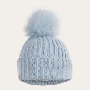 Side view of Baby Blue Ribbed Hat with glitter pom detail