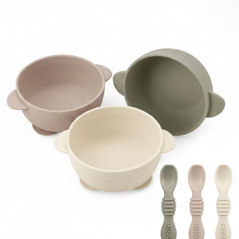 Feeding set of a suction silicon baby bowl and spoon
