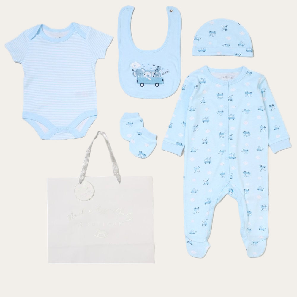 Baby Boy Animals 5 Piece Clothing Gift Set – Blue and White