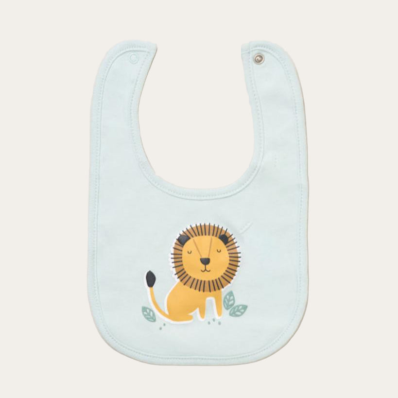 Baby bib with cheerful lion illustration