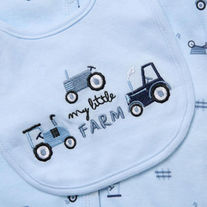 Blue baby hat with tractor and field print