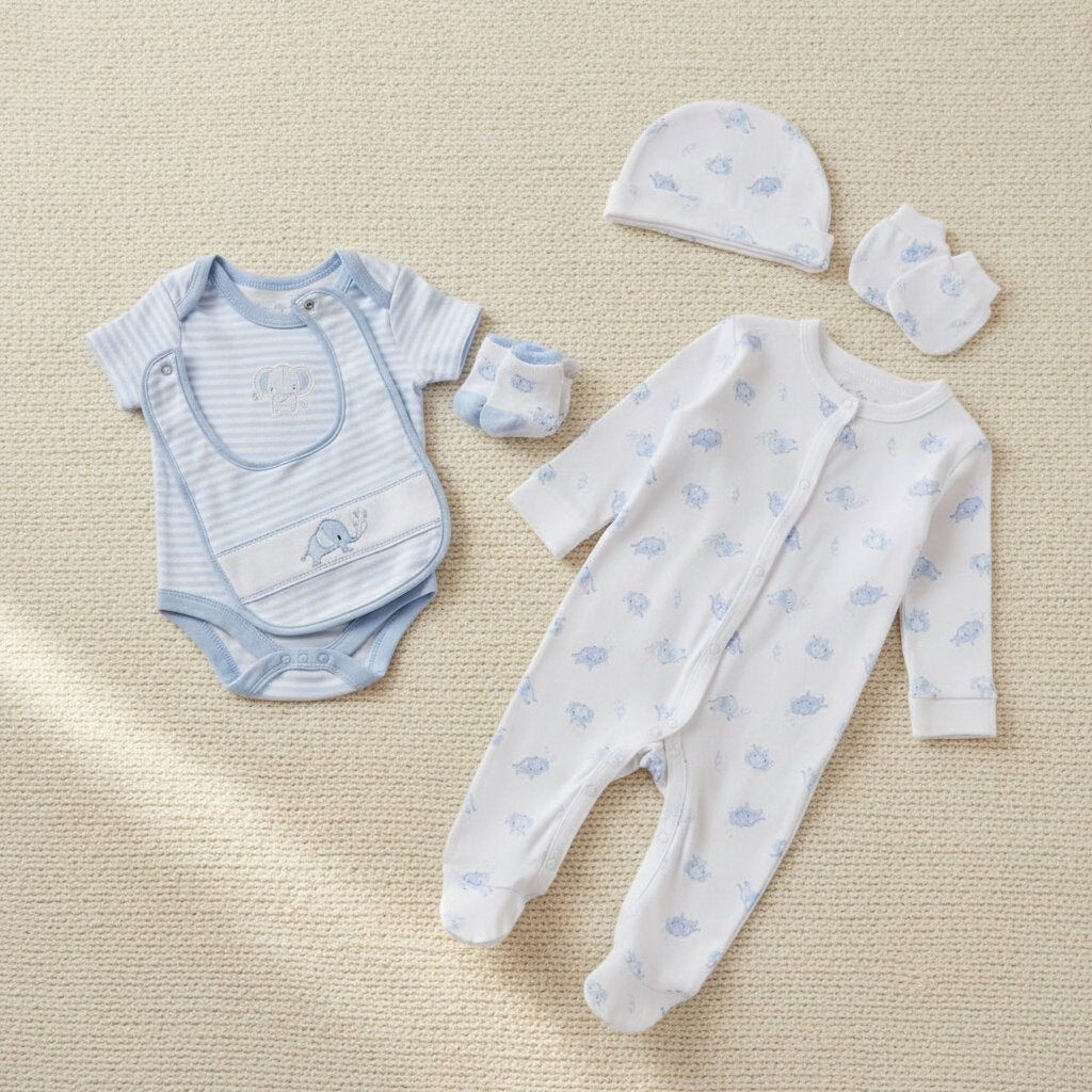 Baby boys elephant clothing set with sleepsuit, striped bodyvest, bib, hat and mittens in soft blue and white design