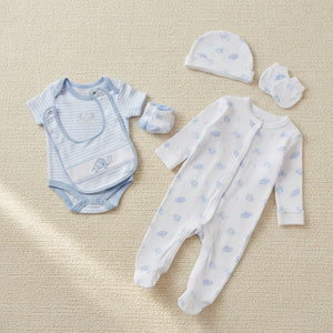 Baby boys elephant clothing set with sleepsuit, striped bodyvest, bib, hat and mittens in soft blue and white design