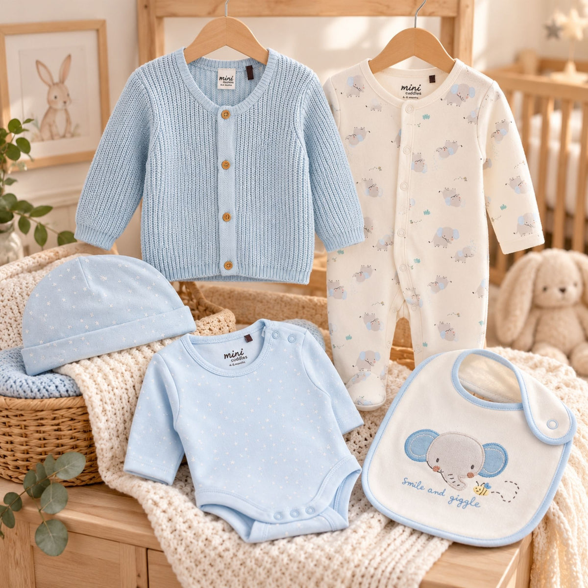 Blue elephant baby boy clothes set with 5 pieces, sleepsuit, hat, long sleeve bodysuit bib and cardigan.