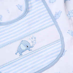 close up of the elephant on the bib of a blue and white baby boys clothing outfit