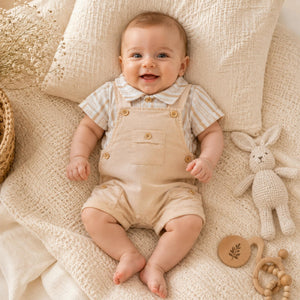 Baby boys full dungaree set in stone with striped shirt. Two piece baby clothes outfit
