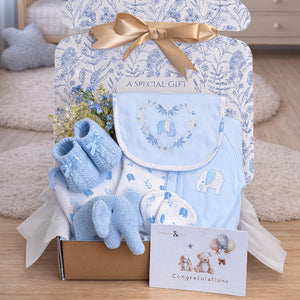 Baby boy gift hamper with an organic elephant soft toy and baby clothing.