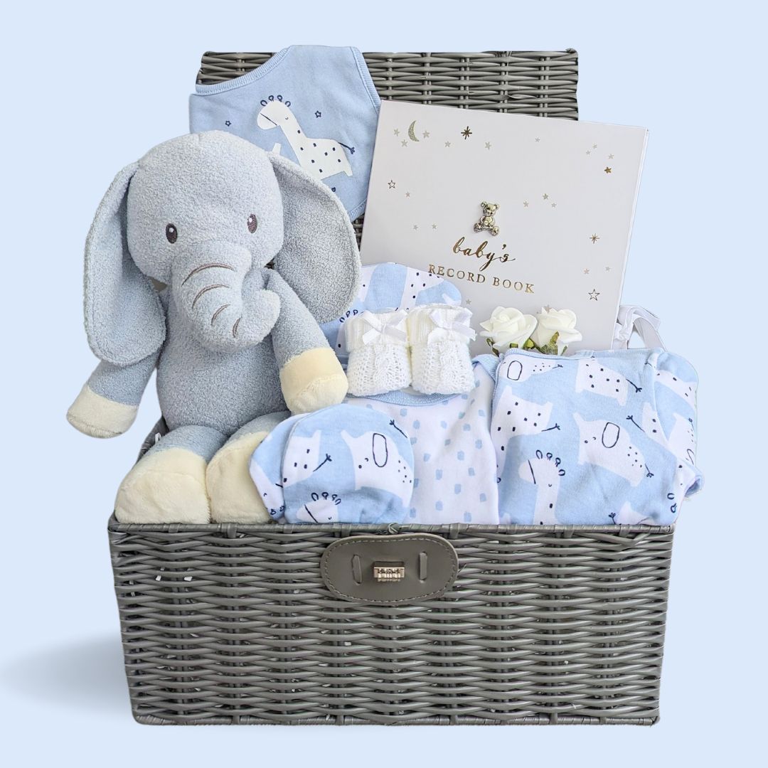 Baby boy gifts blue elephant hamper with clothing gift set, elephant toy and memory book.