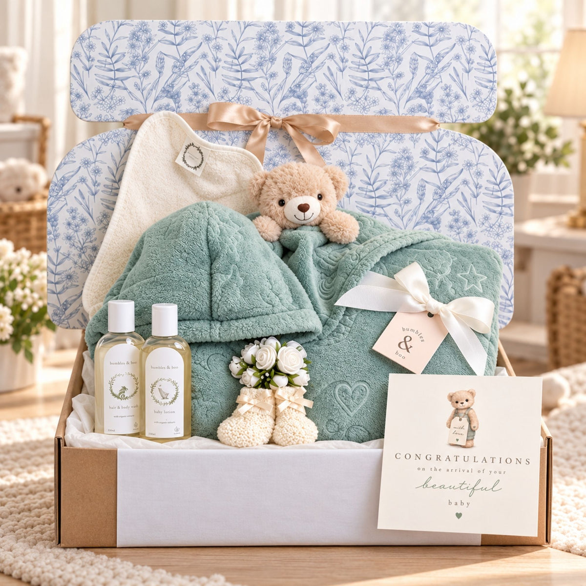 New baby boy hamper in an eco friendly gift box. Gifts include sage green dressing gown, blanket and skincare set
