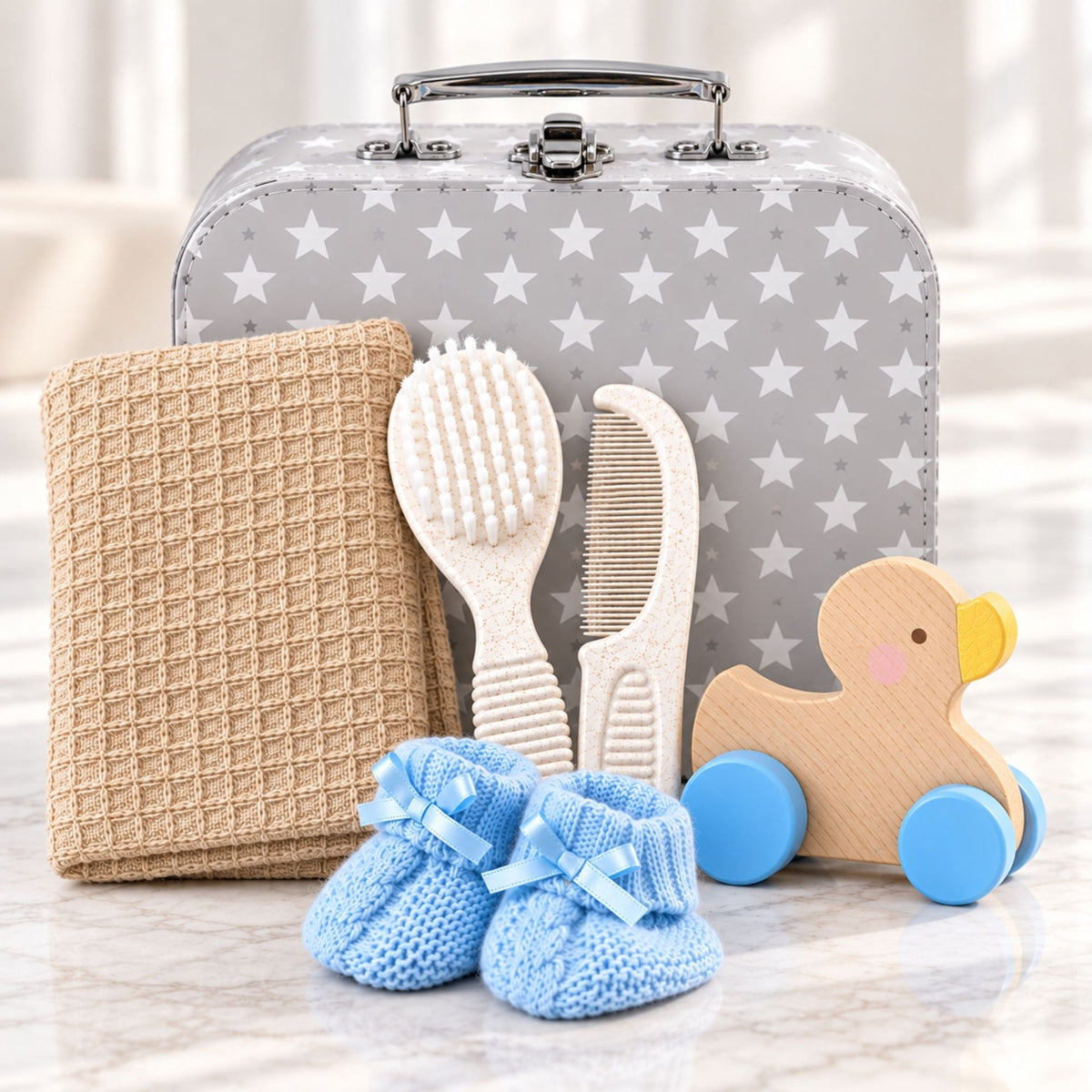 Newborn baby boy gifts in a hamper. Presents include eco friendly baby accessories. Bumbles and Boo.