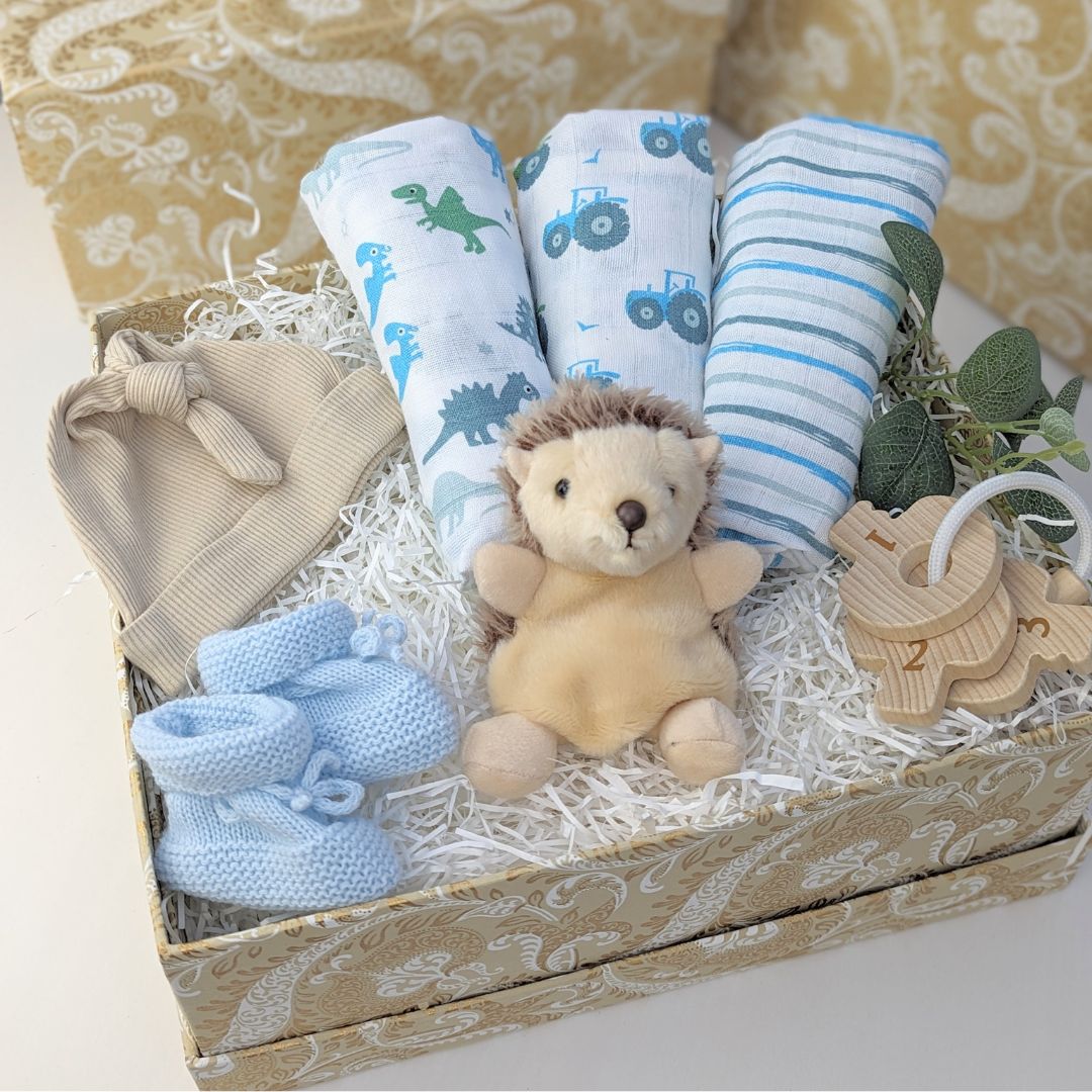 baby boy gifts hamper box with muslins and soft toy