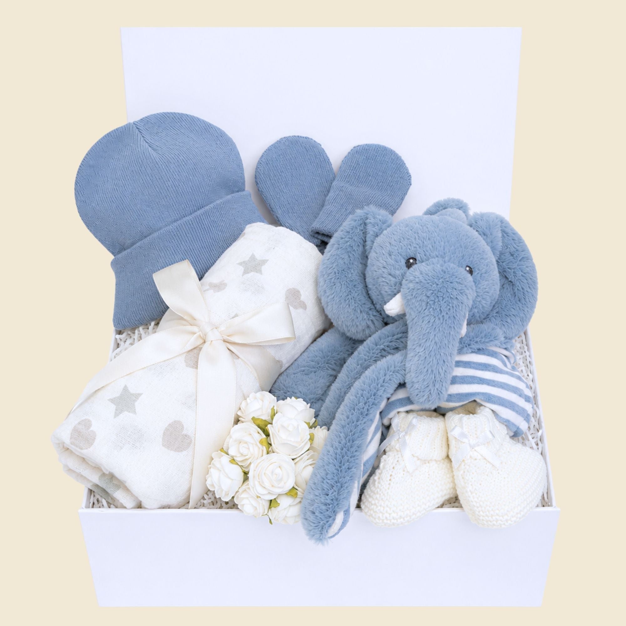 Baby boy gifts box hamper with blue elephant comforter. Bumbles and Boo.