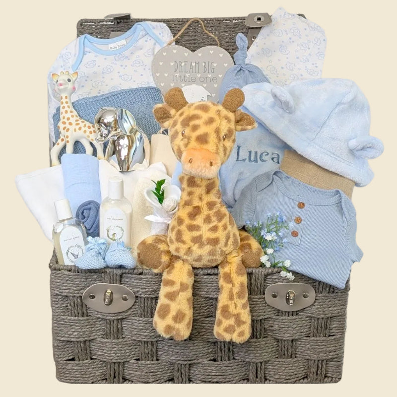 Large Luxury Baby Boy Gifts Hamper Basket packed with giraffe presents. Designed by Bumbles and Boo. 