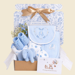 Baby boy gifts hamper with an organic elephant soft toy and baby clothing.