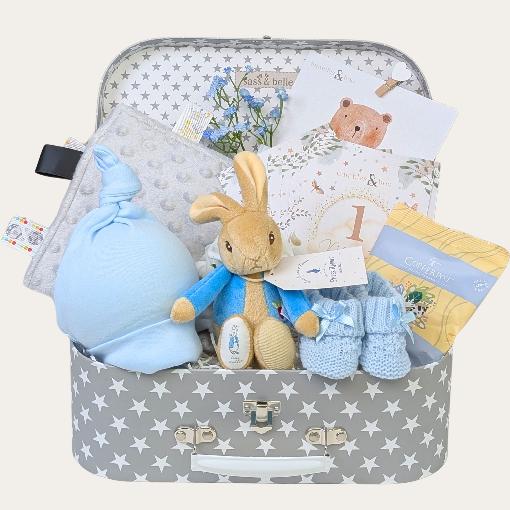 Baby boy gifts hamper with Peter Rabbit newborn toy by Bumbles and Boo
