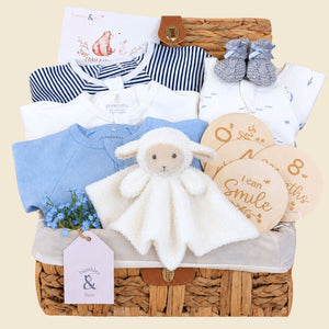 Baby boy hamper basket with presents including organic clothing in blue and white with a lamb toy and milestone discs.