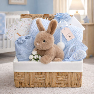 Newborn baby boy gifts basket with bunny. Presents in this hamper are baby blue. Bumbles and Boo.