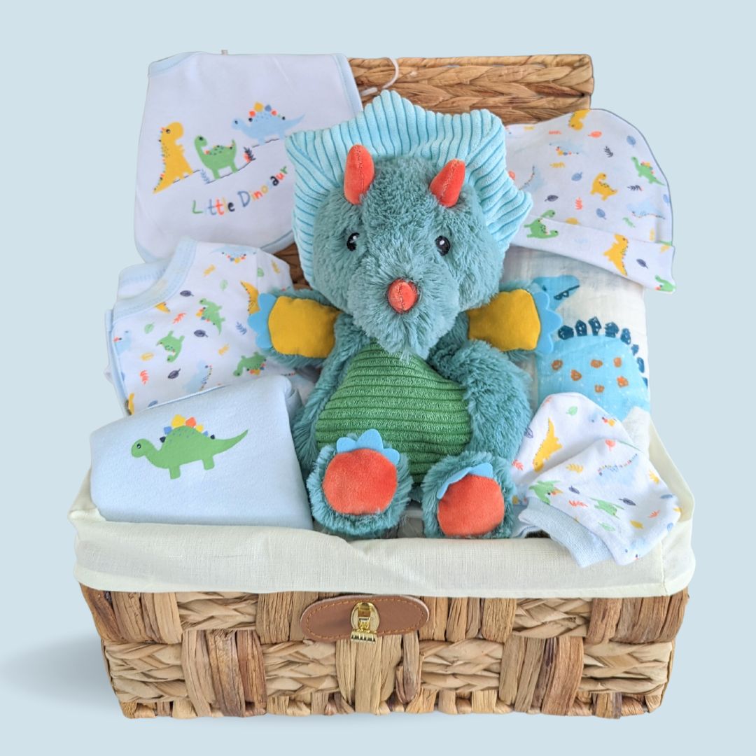 baby boy hamper basket with clothing set and dinosaur soft toy.