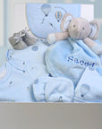 baby boy hamper gifts box with blue outfit and elephant comforter