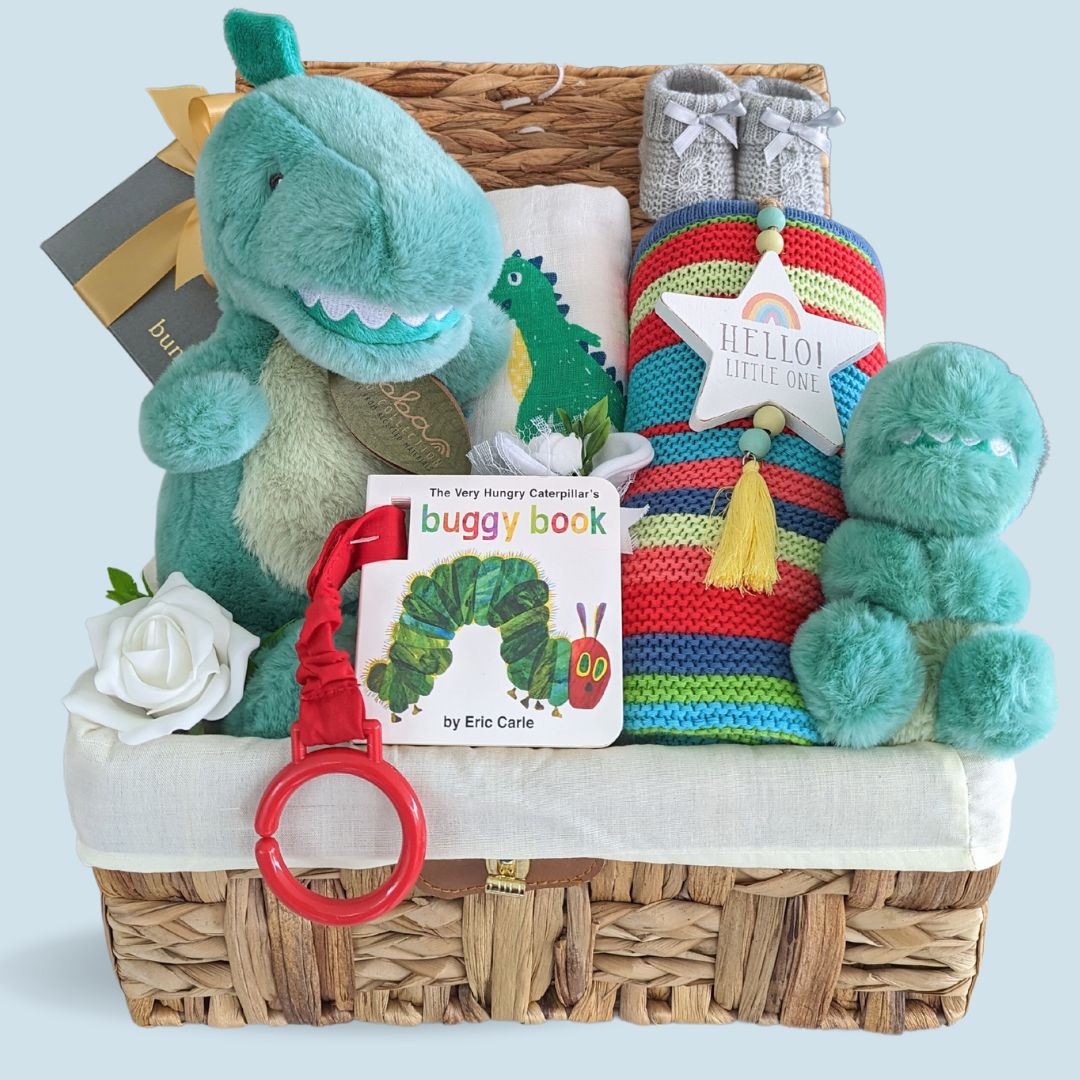 Baby boy gifts hamper with colourful blanket, dinosaur soft toy, hungry caterpillar buggy book and chocolates for mum. In a keepsake basket. 