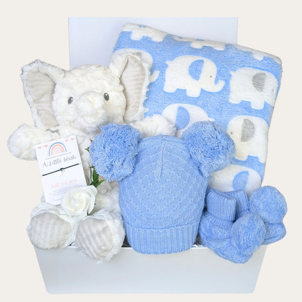 Newborn Baby Boy Gift Box - Blue/White Elephant Hamper - Bumbles & Boo