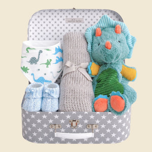 New baby boy hamper with gifts including dinosaur soft toy, grey cellular blanket, muslin and baby booties.