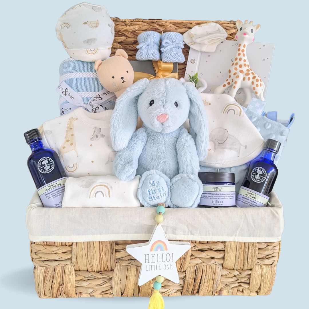new baby boy hamper basket with treat for baby and mum.