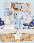 new baby boy hamper basket with treat for baby and mum.