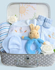 New baby boy hamper. with Peter Rabbit clothing set and hand rattle and muslin wrap to the theme of Beatrix Potter. 