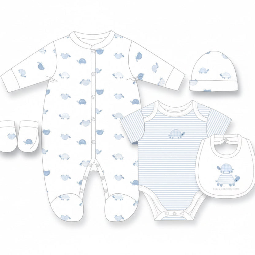Baby boys turtle themed clothing set with sleepsuit, bodysuit, bib, hat and mittens in soft blue and white design