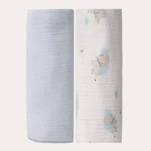 Baby boys cotton muslin swaddles in a 2 pack with blue and elephant print designs