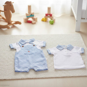 Baby boys tractor dungaree set with blue striped overalls and white collared shirt, two piece baby clothes outfit.