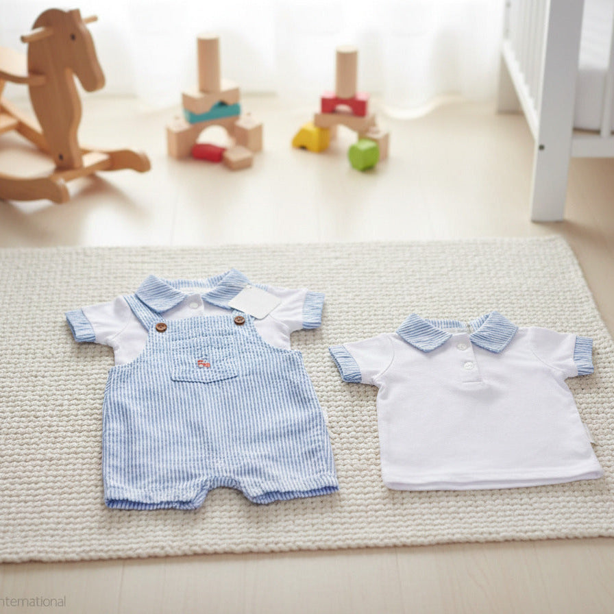 Baby boys tractor dungaree set with blue striped overalls and white collared shirt, two piece baby clothes outfit.