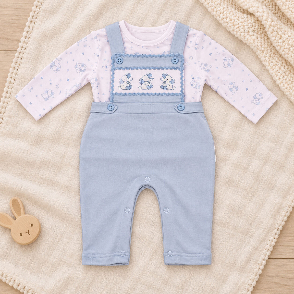 Blue baby boys dungaree set with smocked elephant embroidery detail