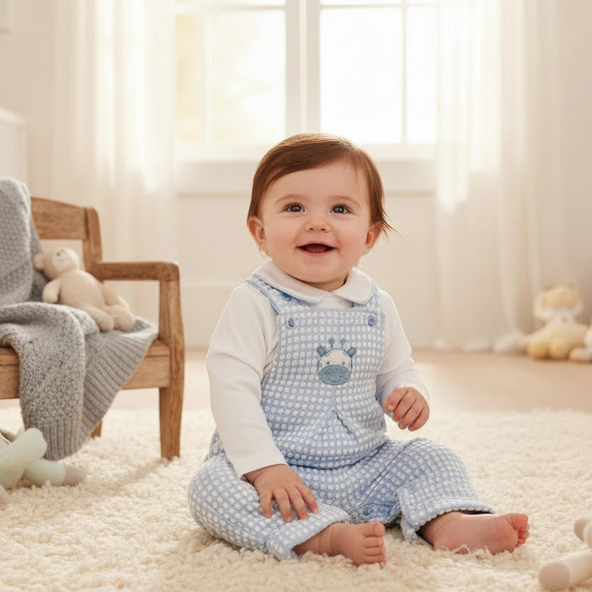 Baby wearing the blue giraffe dungaree set with a long-sleeved T-shirt