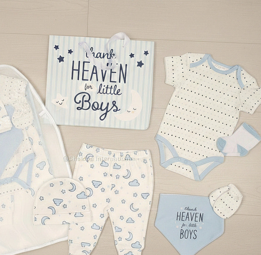 Baby boys clothing set in blue and white with bodysuit, pants, hat, bib and socks. Thank Heaven for Little Boys design.