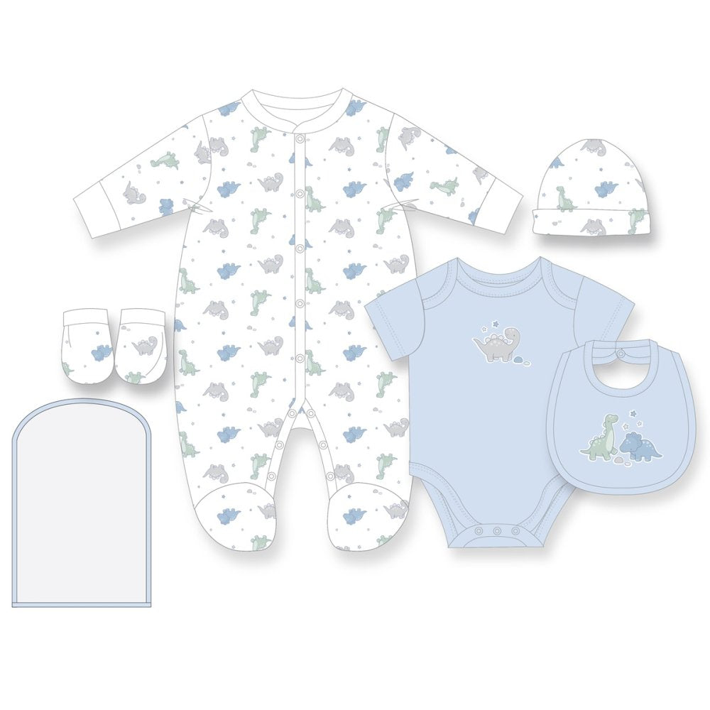 Baby boys dinosaur five piece clothing set including sleepsuit, bodyvest, bib, hat and mittens in blue tones.