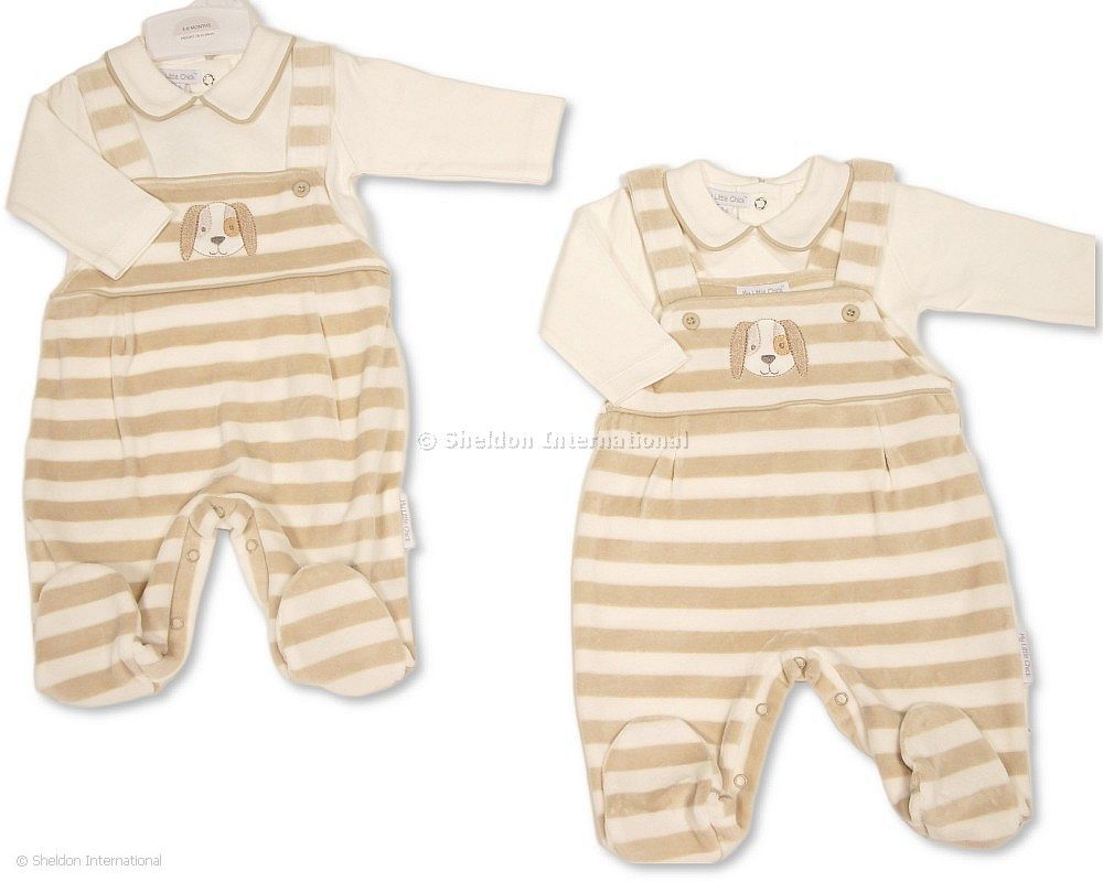 Baby boys dog velour dungaree outfit with white long-sleeved top