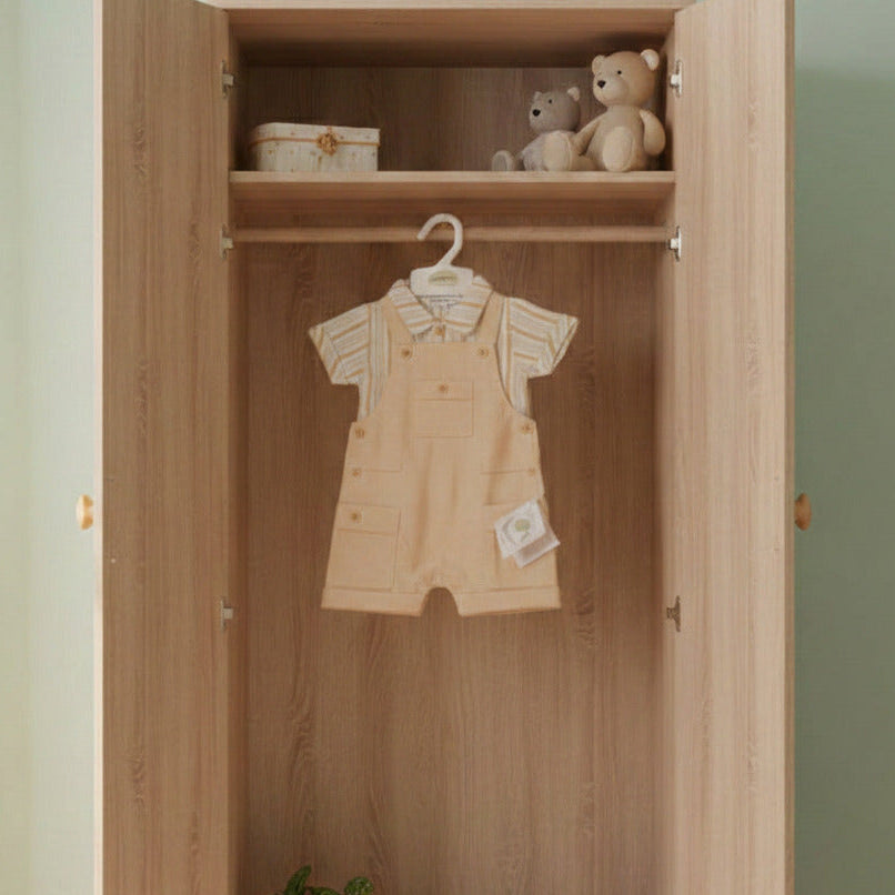 Baby boys full dungaree set in stone with striped shirt. Two piece baby clothes outfit showing front and back views on white background