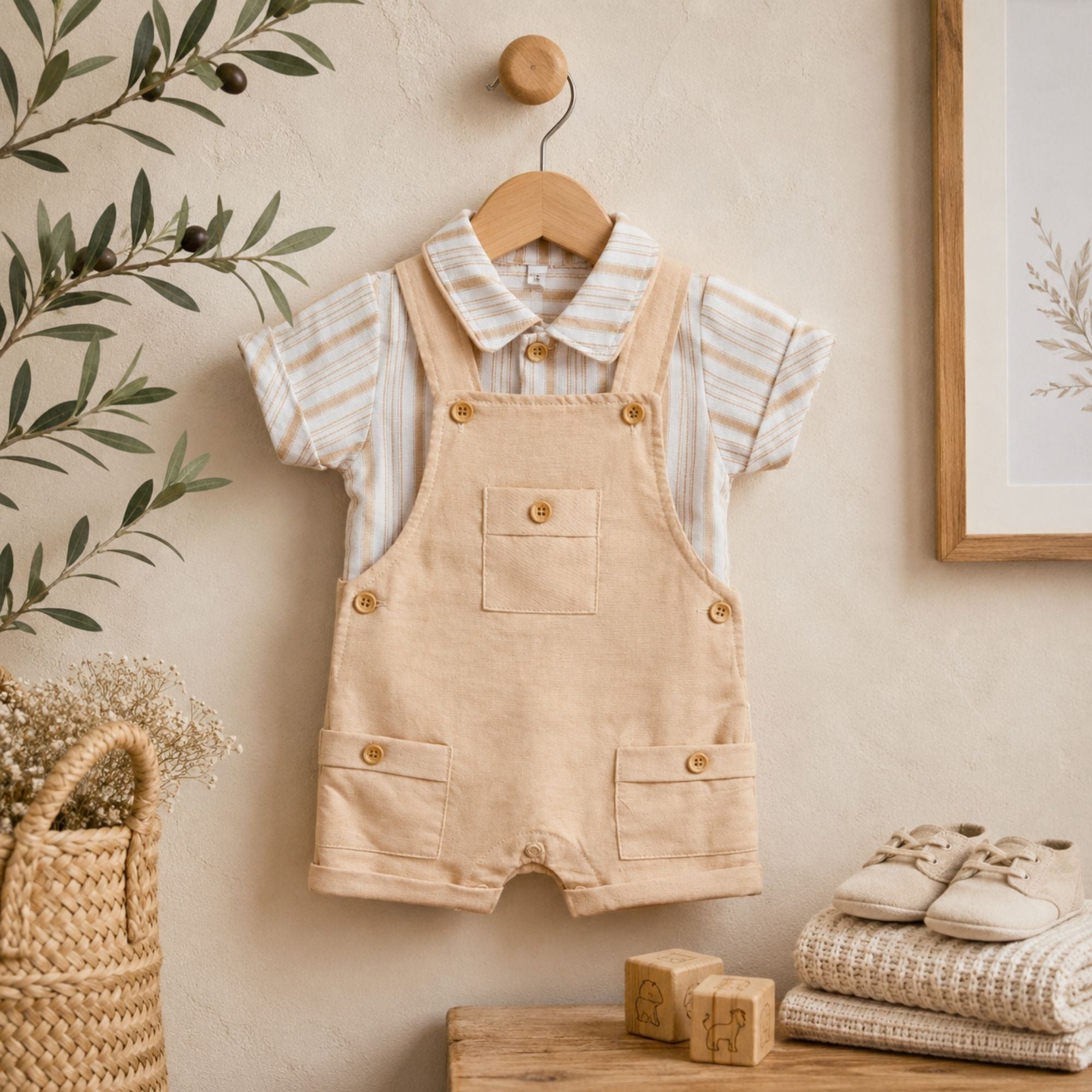 Baby boys full dungaree set in stone with striped shirt. Two piece baby clothes outfit