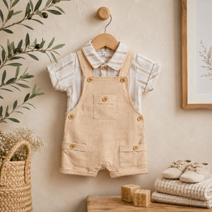 Baby boys full dungaree set in stone with striped shirt. Two piece baby clothes outfit