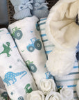 Baby boy hamper gift with muslin squares and large bunny wrap.
