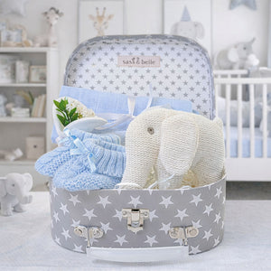 Baby boys hamper with a white elephant rattle and blue gifts for a newborn boy. 
