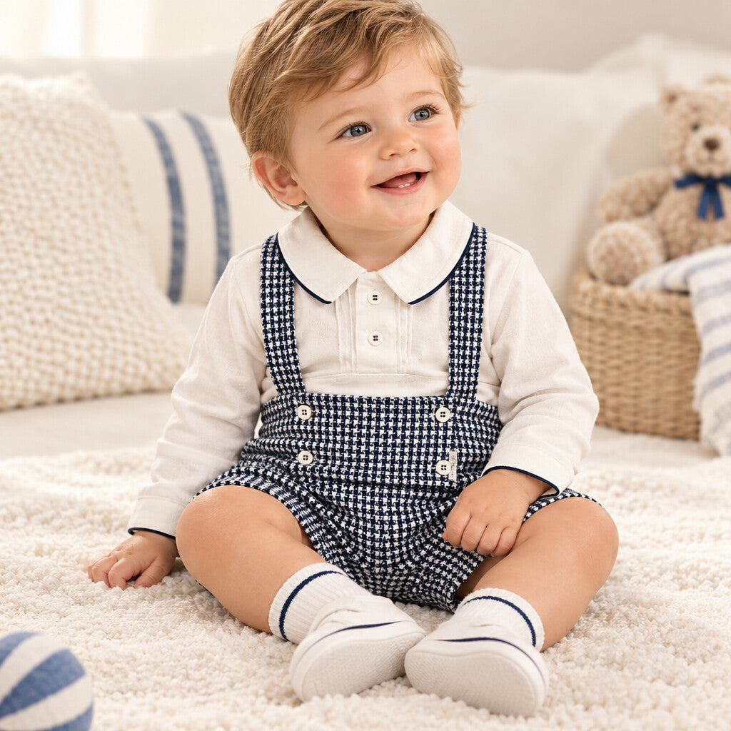 Baby Boys Navy & White 2 Piece Short Dungaree Set