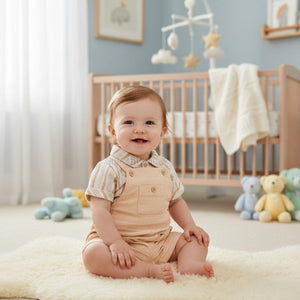 baby boy clothing full shorts dungaree set in stone beige with a stone striped short sleeve shirt