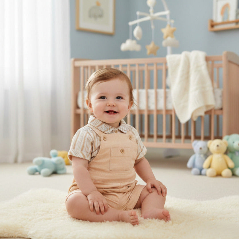 baby boy clothing full shorts dungaree set in stone beige with a stone striped short sleeve shirt