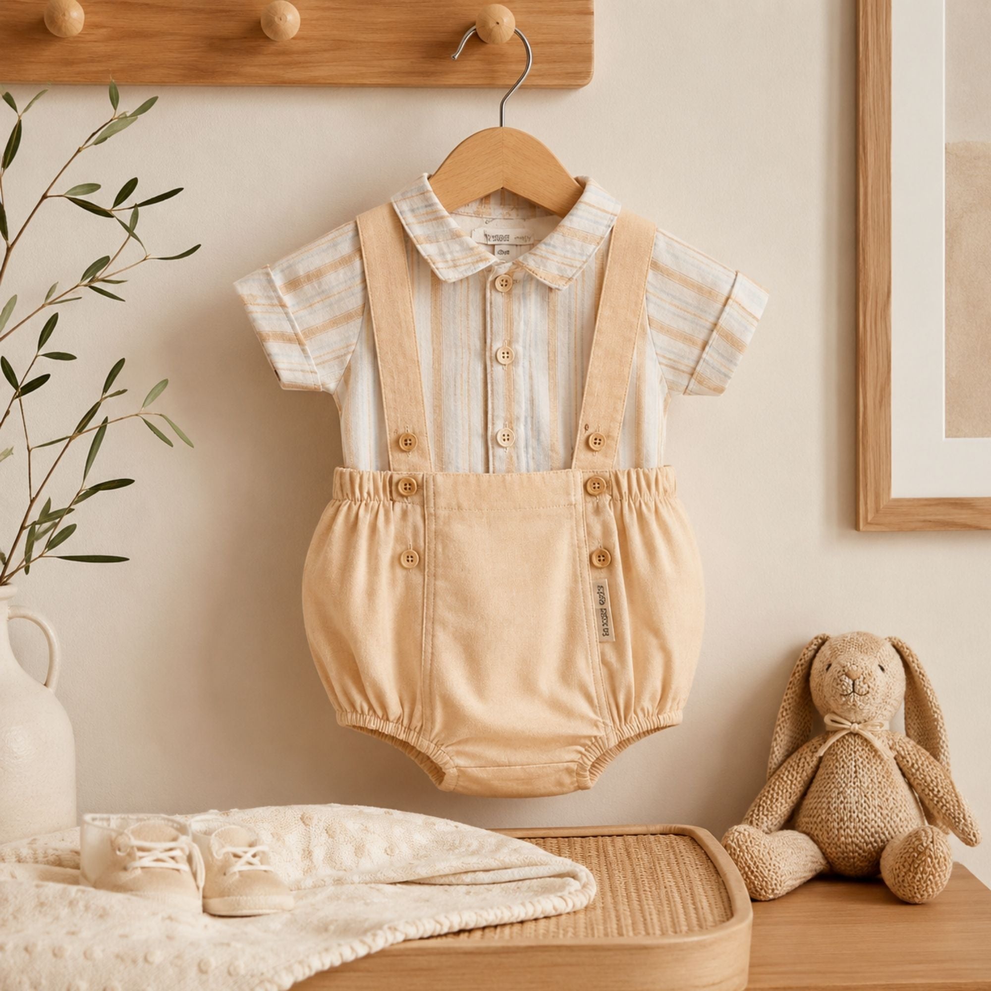 Baby boys stone romper set with striped shirt and suspenders. Two piece baby clothes outfit styled in a neutral nursery wardrobe.